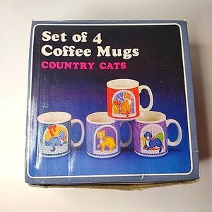 NOS JSNY Country Cats Set of 4 Coffee Mugs Handcrafted Vintage
